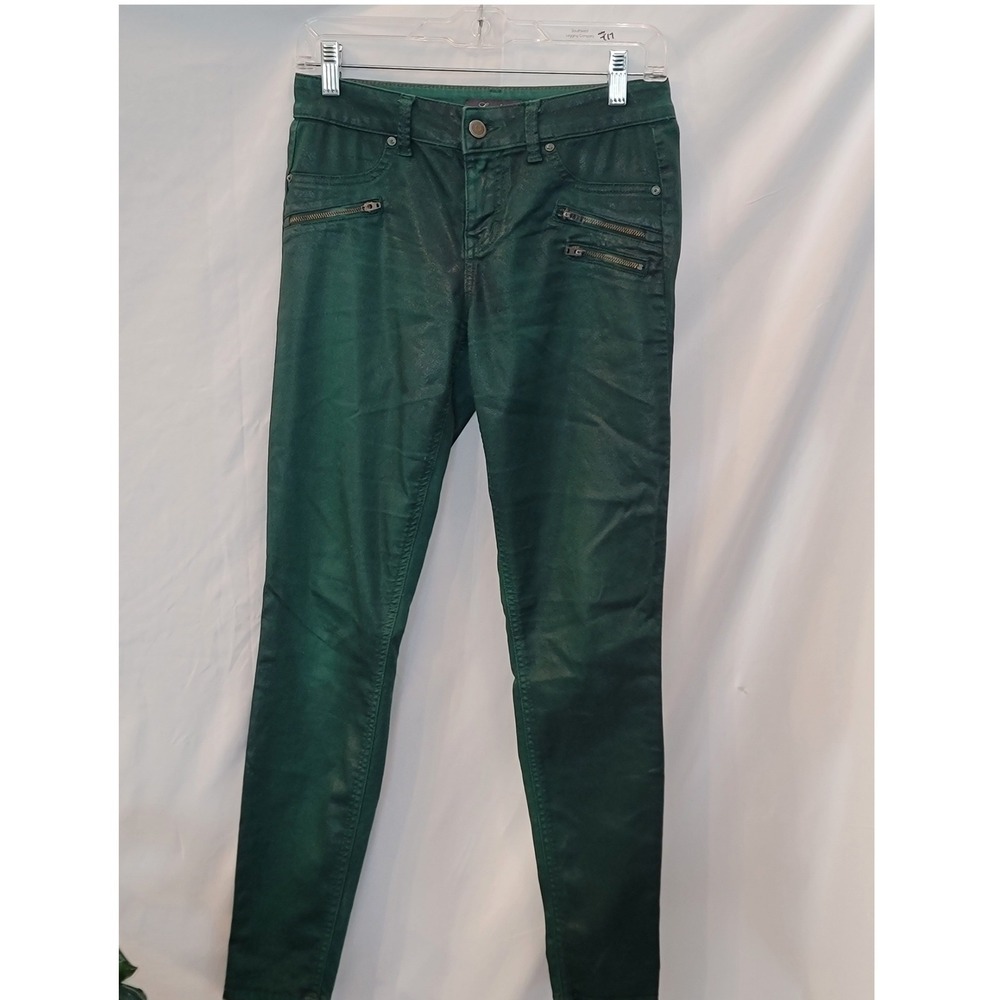 Level 99 Emerald Green Waxed Metallic Skinny Pants Zipper Pockets Size 26